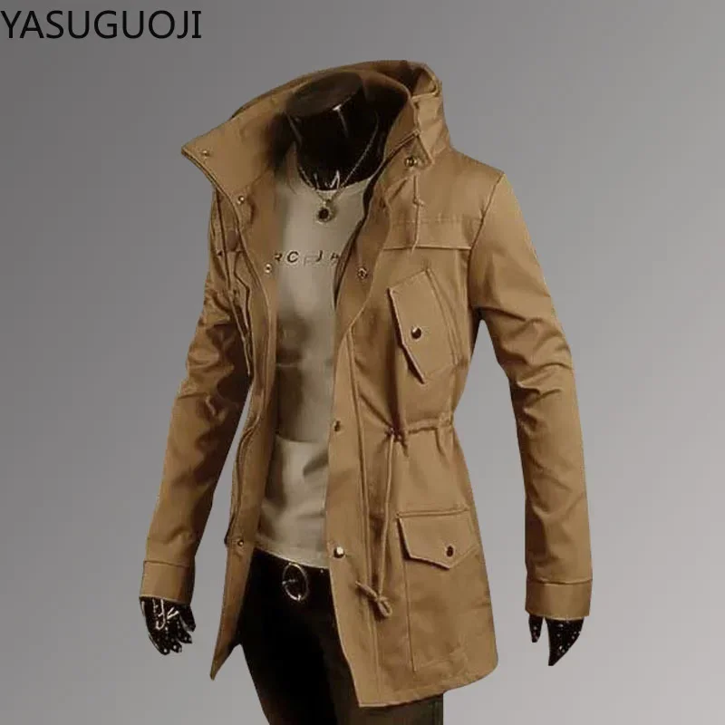 Trench Coat Men YASUGUOJI Military Cargo Classic Slim Fit