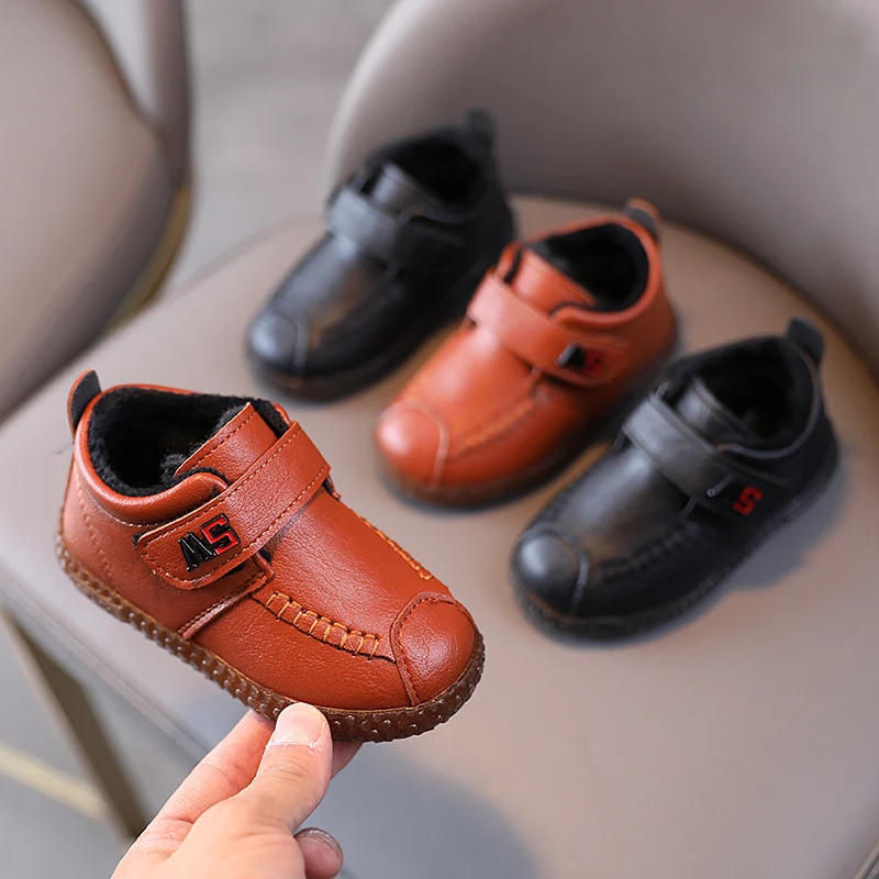 Children's Baby Padded Leather Shoes Fall and Winter Brown Boys Girls Soft Casual Shoes New Black Kids Boots