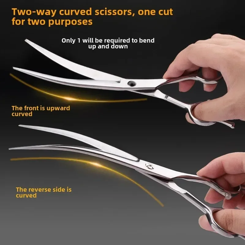 A side-by-side comparison showing how the two-way curved scissors can be used in both upward and reverse positions. This versatile tool in Dog Grooming Supplies is shown held by a hand to demonstrate how it contours to a pet