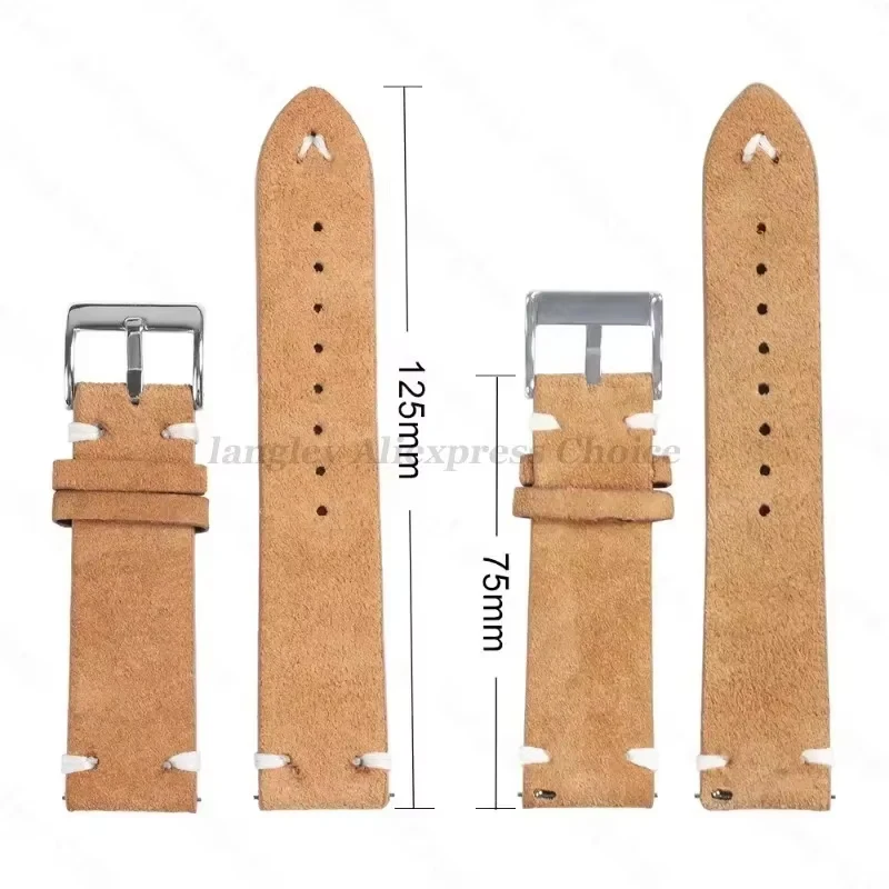 Vintage Handmade Suede Leather Watch Strap with Stitching Details, Available in Multiple Widths