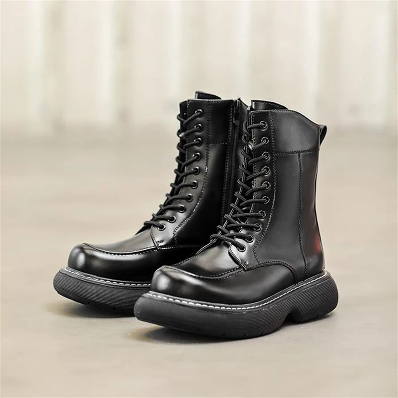 

Genuine Leather Man Ankle Boots Fashion Platform Women Motorcycle Boots Side Zip Lace Up Outdoor Male Chunky Shoes