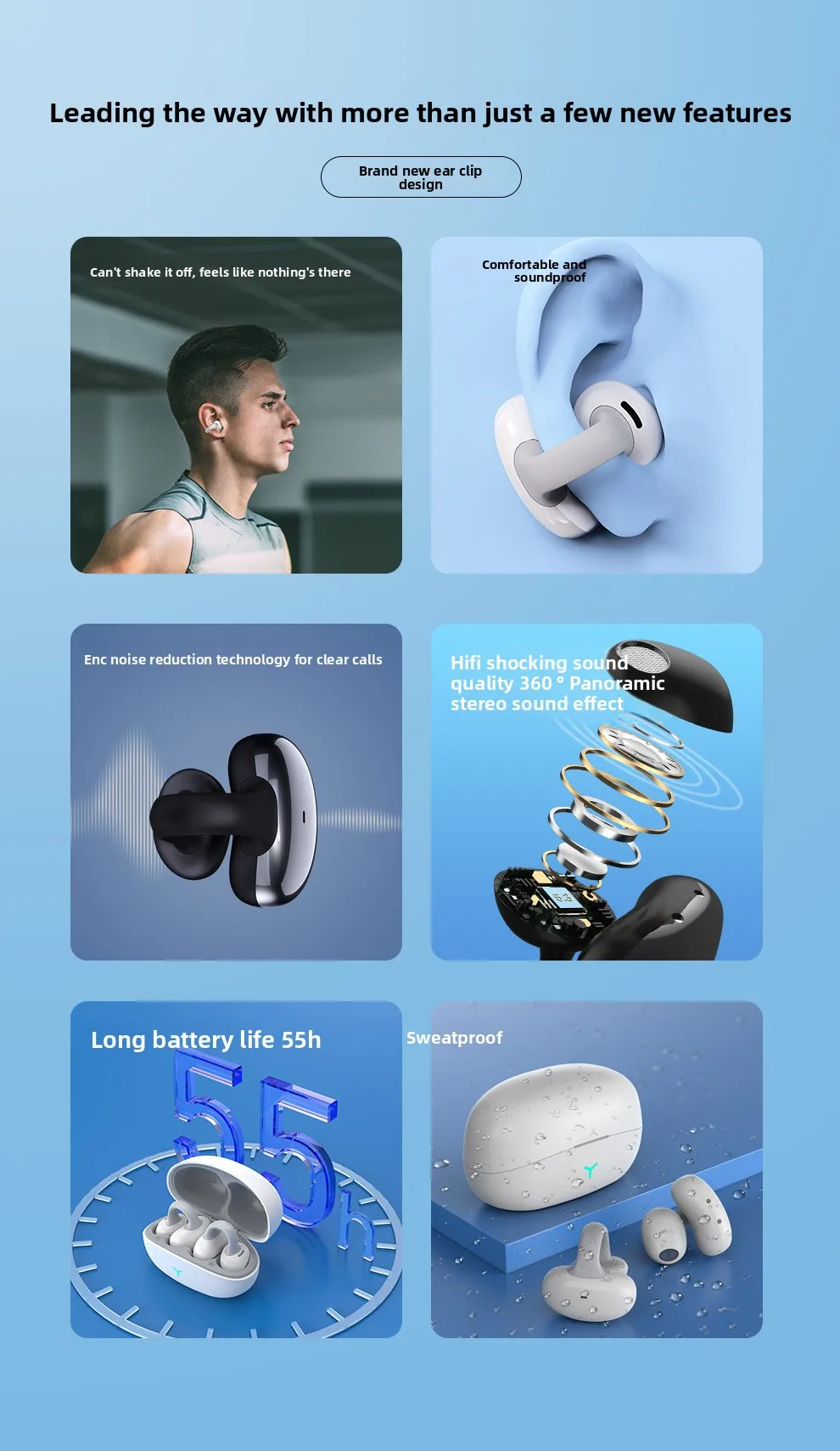 Bluetooth Headphones New Cross-Border Ear Clip Headphones Wireless Large Batter