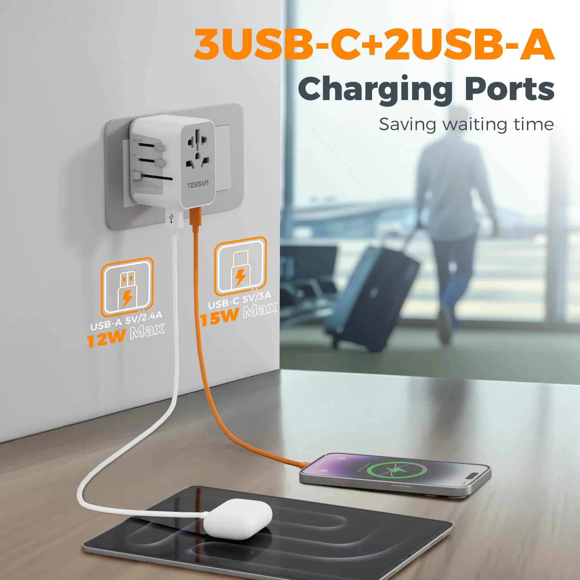 Global Travel Power Adapter with USB and Type C Ports