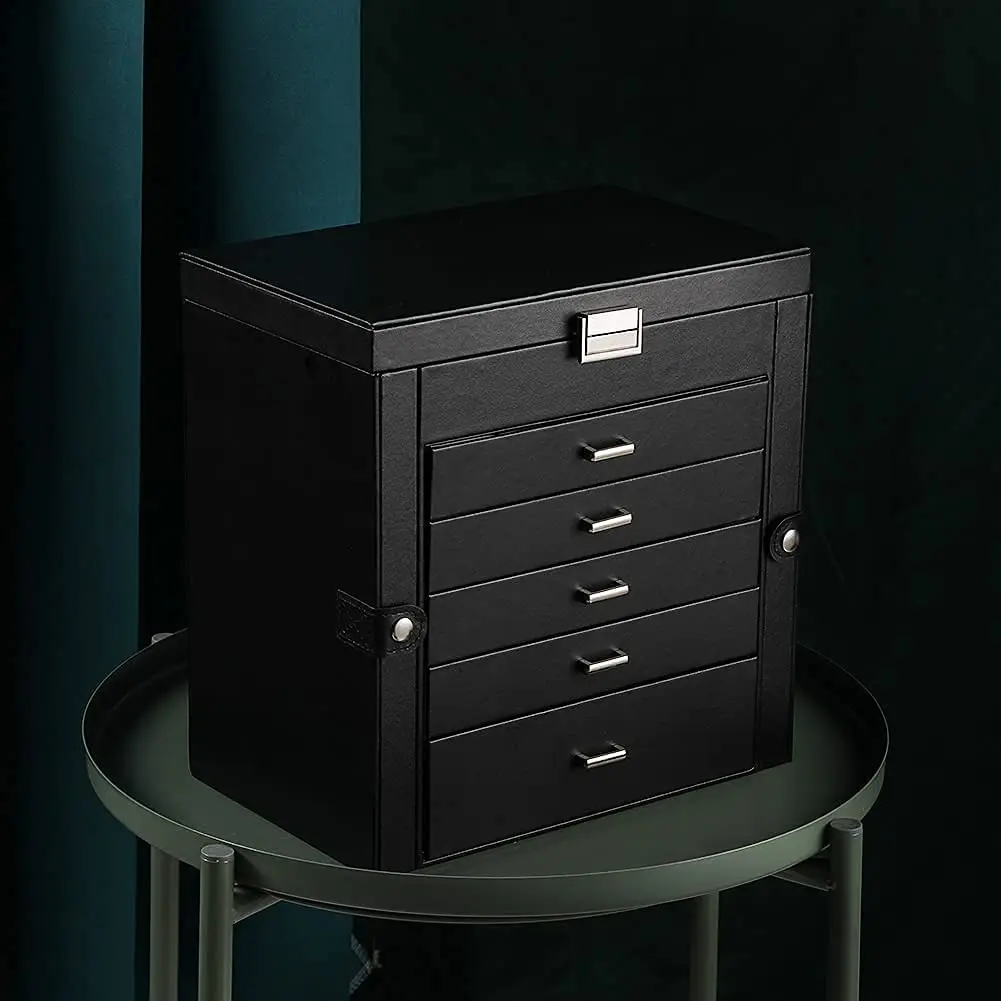 Large Jewelry Box,6-Tier PU Leather Jewelry Organizer with Lock,Multi-functional Storage Case with Mirror,Accessories Holder wit