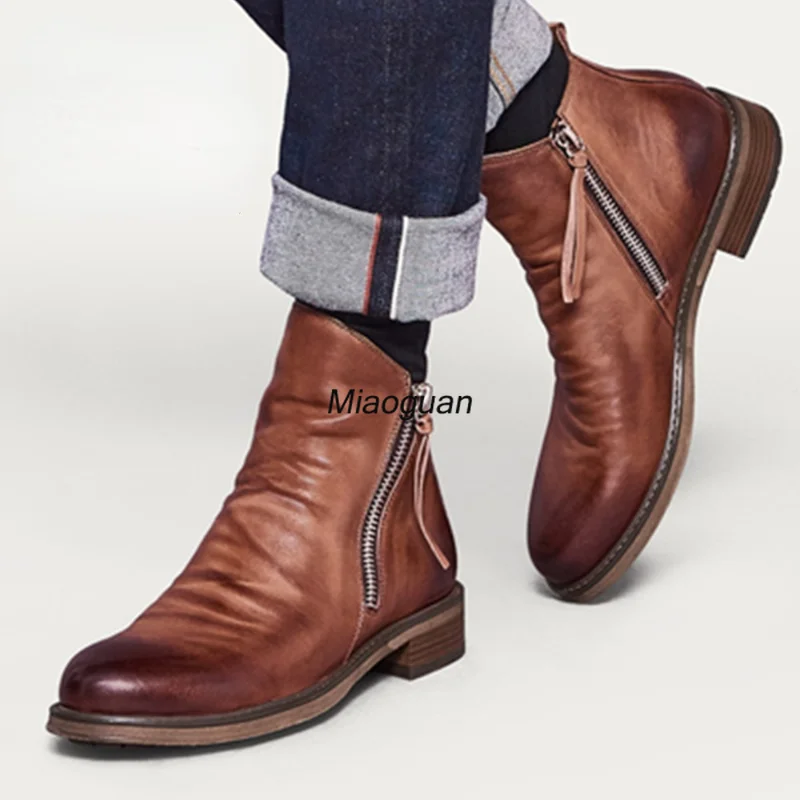 Men's Boots Fashion Chelsea Boots Leather Ankle Double Side Zipper Non-slip Shoes for Men Platform Zapatos De Hombre