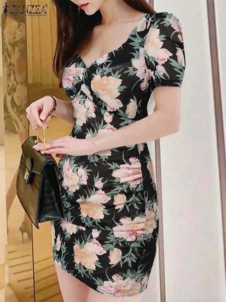 

ZANZEA Korean Fashion Square Collar Robe Women Sexy Mini Dress Bohemian Floral Printed Vestido Vintage Pleating Wrap Hip Dresses