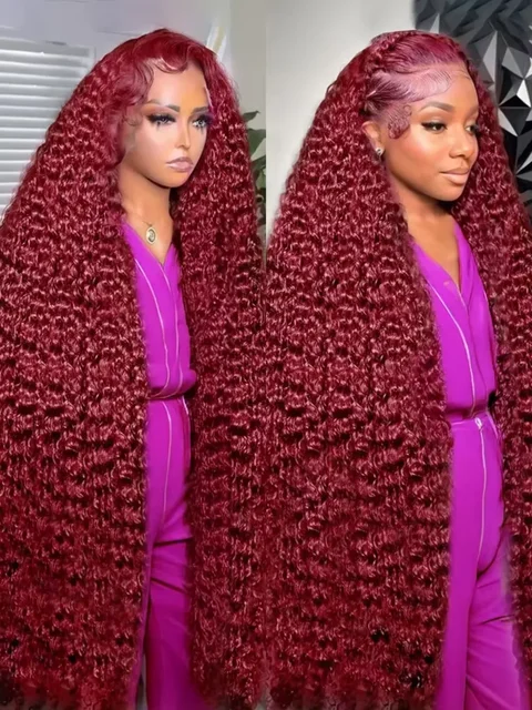 Perruque frontale en dentelle HD 13x4 13x6 de 42-46 pouces, couleur bordeaux 99J, cheveux humains ondulés profonds et bouclés, pour femmes 1