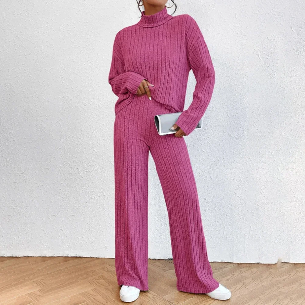 

Spring New Trouser Suits Women Sets Long Sleeve Half High Collar Knitted Sweater+Elastic Trousers Female 2 Piece