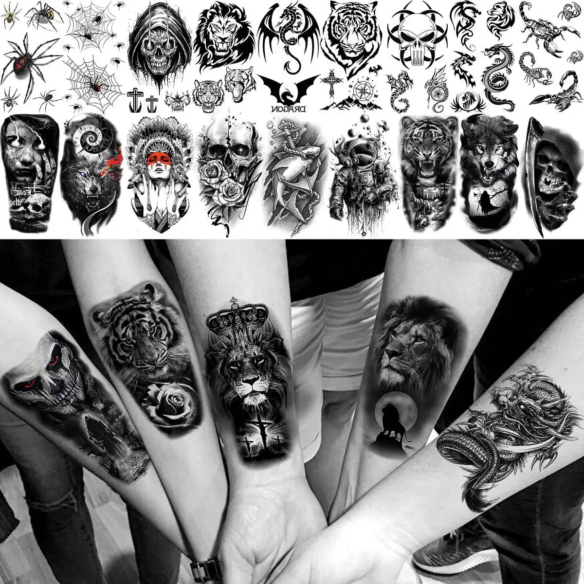 Halbarm Tattoos Wolf 77 Temporäre Tattoos Für Männer \u0026 Frauen - Wolf, Löwe,  Adler Designs Wasserfest Temporäre Tattoos Männer, image size:1200x1200