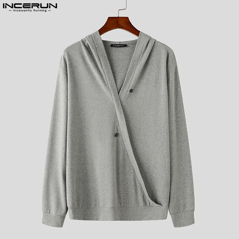 INCERUN Men's Cardigan Solid Color Knitted Hooded V Neck Long Sleeve Button Male Sweaters Streetwear Casual Men Clothing