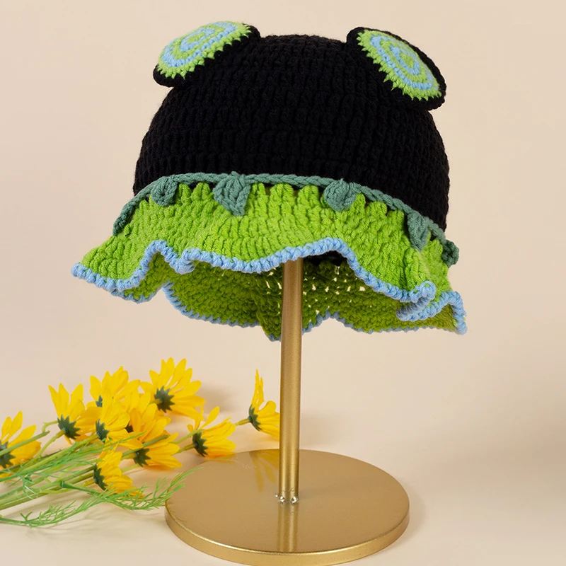 

Women Knitted Fisherman Hat Flower Pattern Handmade Crochet Bucket Hat Hollow Patchwork Crochet Bucket Cap Outdoor