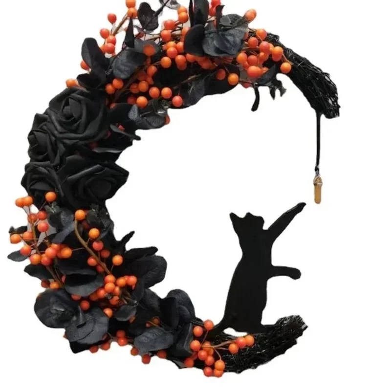 Christmas Wreath Door Hanging Wall Decoration Pendant Moon Shaped Cat Is Wearing A Christmas Hat Garland Dried Flower Party