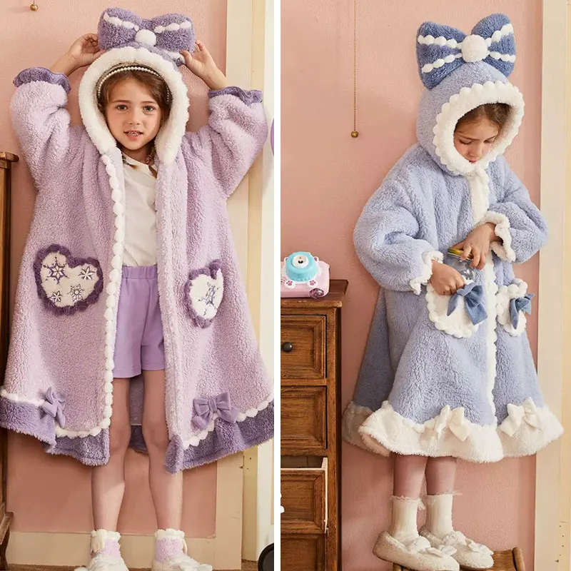 Kids Pajamas Set Flannel Pajamas Child Bathrobe Kids Robe Kids Hooded Robe For Girls Winter