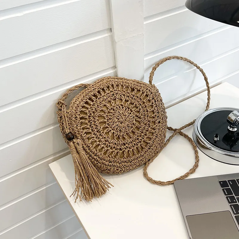 Round Tassel Straw Crossbody Bag Women Summer Rattan Handbags Handmade Woven Beach Circle Bohemia Beach Travel Shoulder Tote