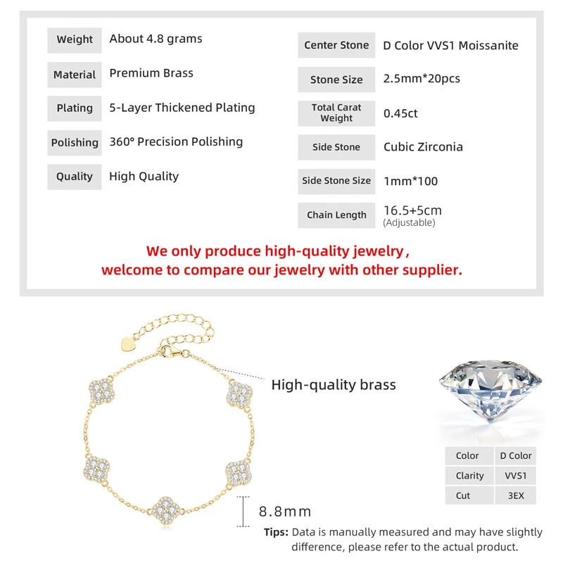 OXTAO Luxus-Moissanit-Armband in Silber/Gold-Farbe D VVS1 für Damen, vierblättriges Blumen-Kleeblatt-Armband, Verlobungs- und Hochzeitsschmuck – Detail 12
