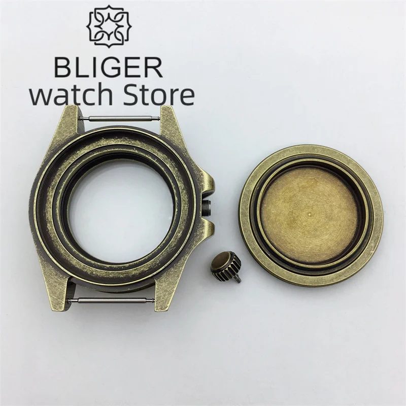 BLIGER 브론즈 돔 사파이어 유리 바다 다이버 브러시 시계 케이스, NH34, NH35, 36, ETA2824, PT5000 무브먼트 스크류 크라운에 적합, 43mm