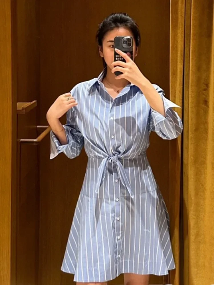 

Женское платье-рубашка в полоску, повседневное однобортное платье мини с отложным воротником и длинным рукавом, голубое платье-рубашка с узелком и кружевом, осень 2024