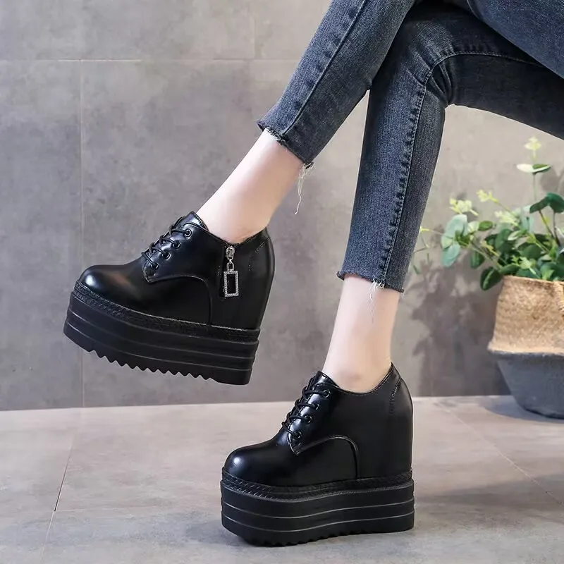 

12cm Genuine Leather Fashion Platform Wedge Women Sneakers Chunky Spring Autumn Casual Vulcanize Mixed Color Comfy Shoes Zapatos