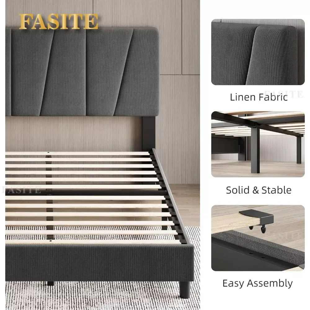 Bed Frame with Adjustable Headboard,Linen Upholstered Platform with Strong Wooden Slats,Mattress Foundation,No Box Spring Needed