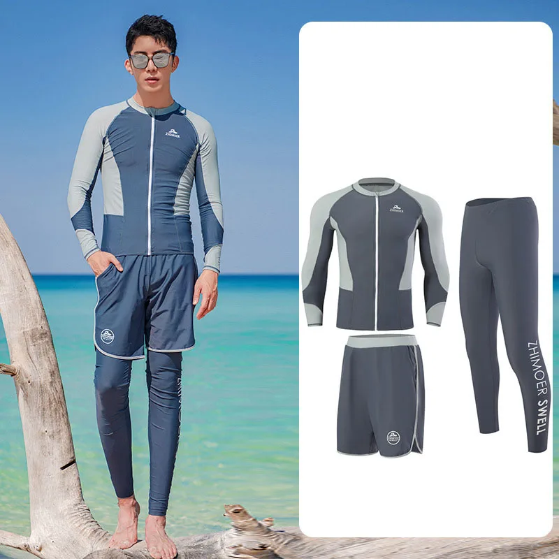 Men's 3pcs/set Long Sleeve Rash Guard Shirts+Leggings+Trunks Surf Swim Tops+Bottoms Quick Dry UV Sun Bathing Suits Wetsuits Skin