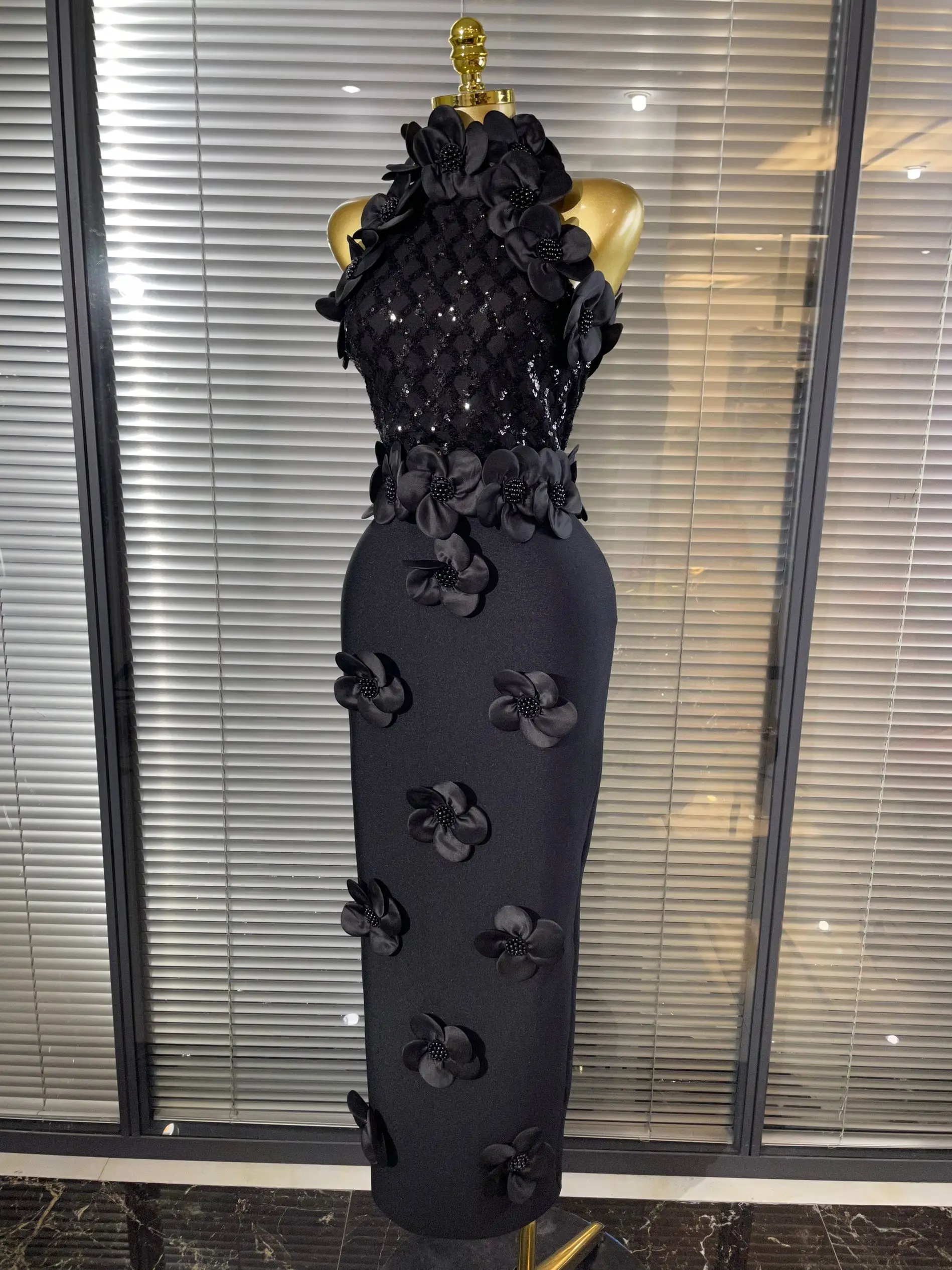 Black Red Women Shining Sequins Florals Sexy O-Neck Bodycon Bandage Long Dress Evening Party Christmas Birthday Outfit