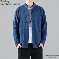 Chinese Style Tang Suit Button Sisal Shirt New Spring Autumn Men's Cotton Linen Zhongshan Jacket Vintage Fashion Top
