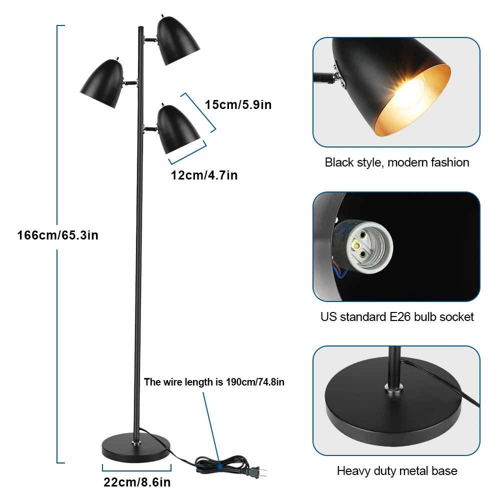 Depuley Tree Floor Lamp 3-Light Reading Light Adjustable Metal