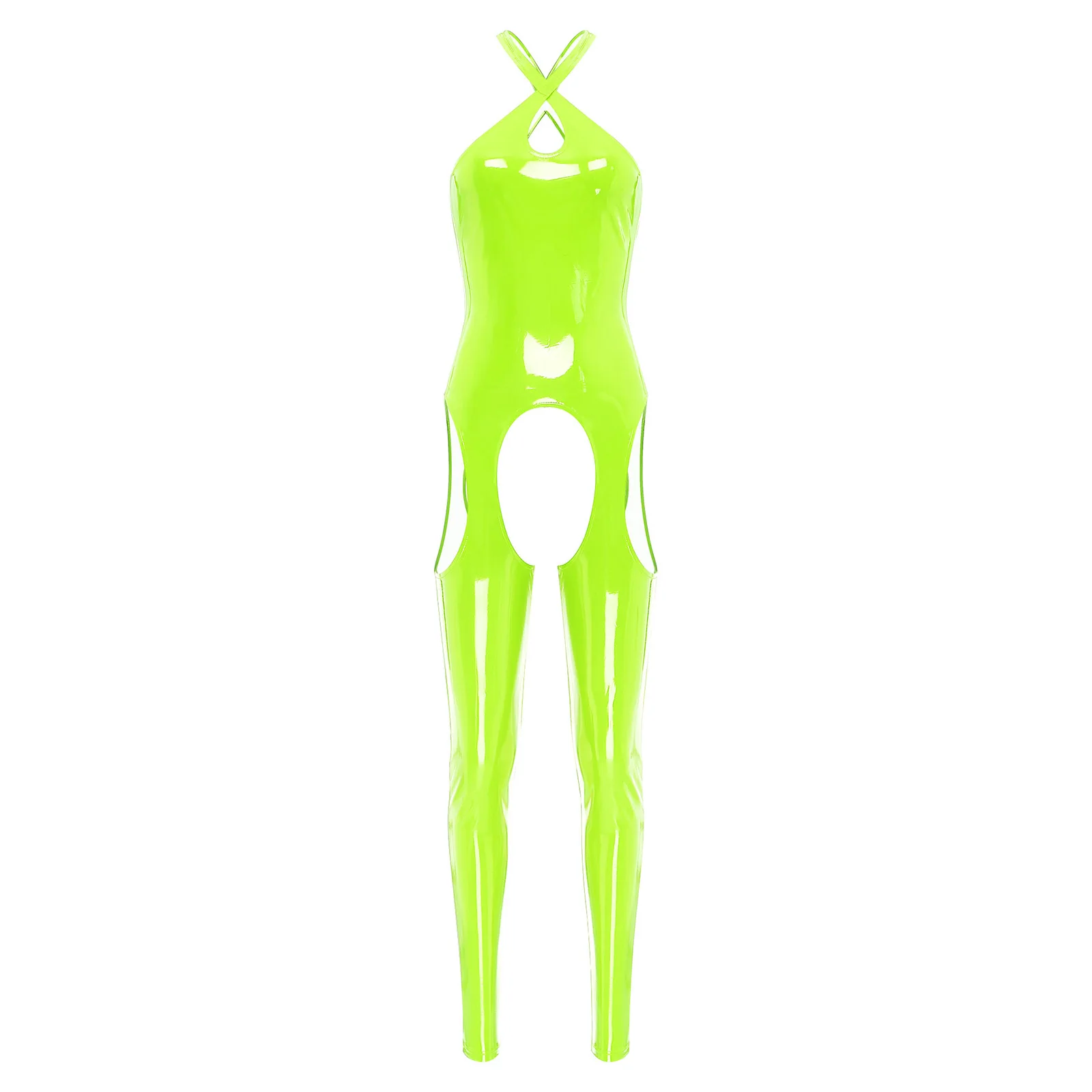 thumbnail image 1 of Mono de látex sexy para mujer, traje de gato, lencería de aspecto mojado, de cuero, sin mangas, con entrepierna abierta, ropa de club para fiestas de pole rave, 1 of 5