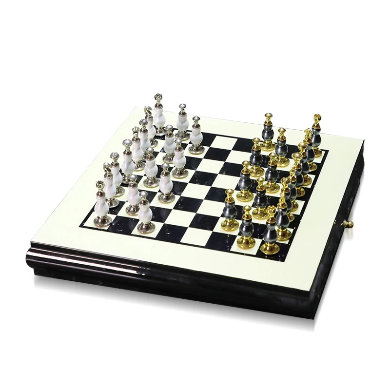 

Nordic chess ornaments Black and white wood piano baking technology Chess board artware ornaments with zinc alloy