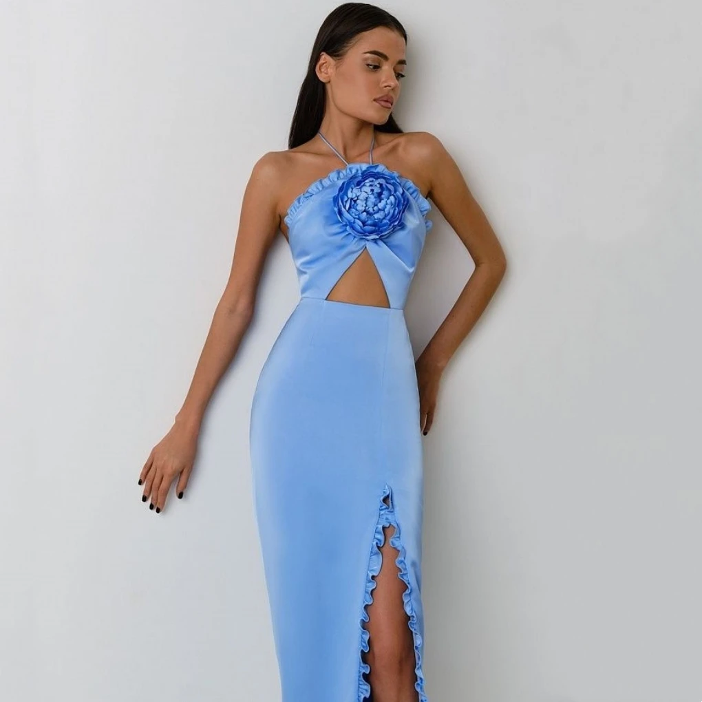 

New Summer Ladies Blue Color Black Color Three-dimensional Flower Sleeveless Halter Backless Slit Bodycon Evening Party Dress