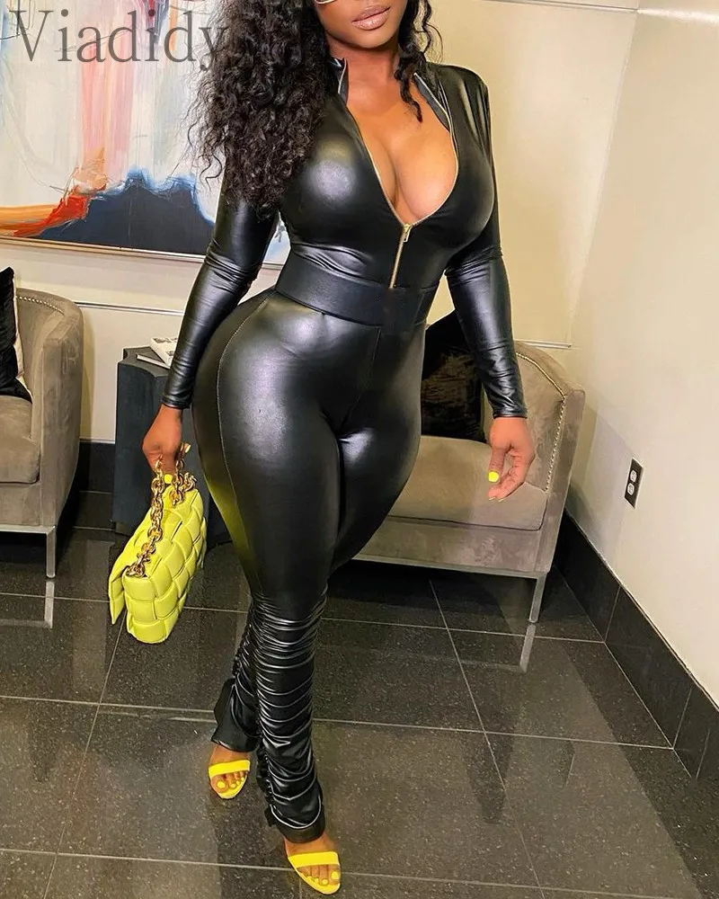 

Women Sexy Solid Color Long Sleeve Zipper Design Ruched PU Jumpsuit
