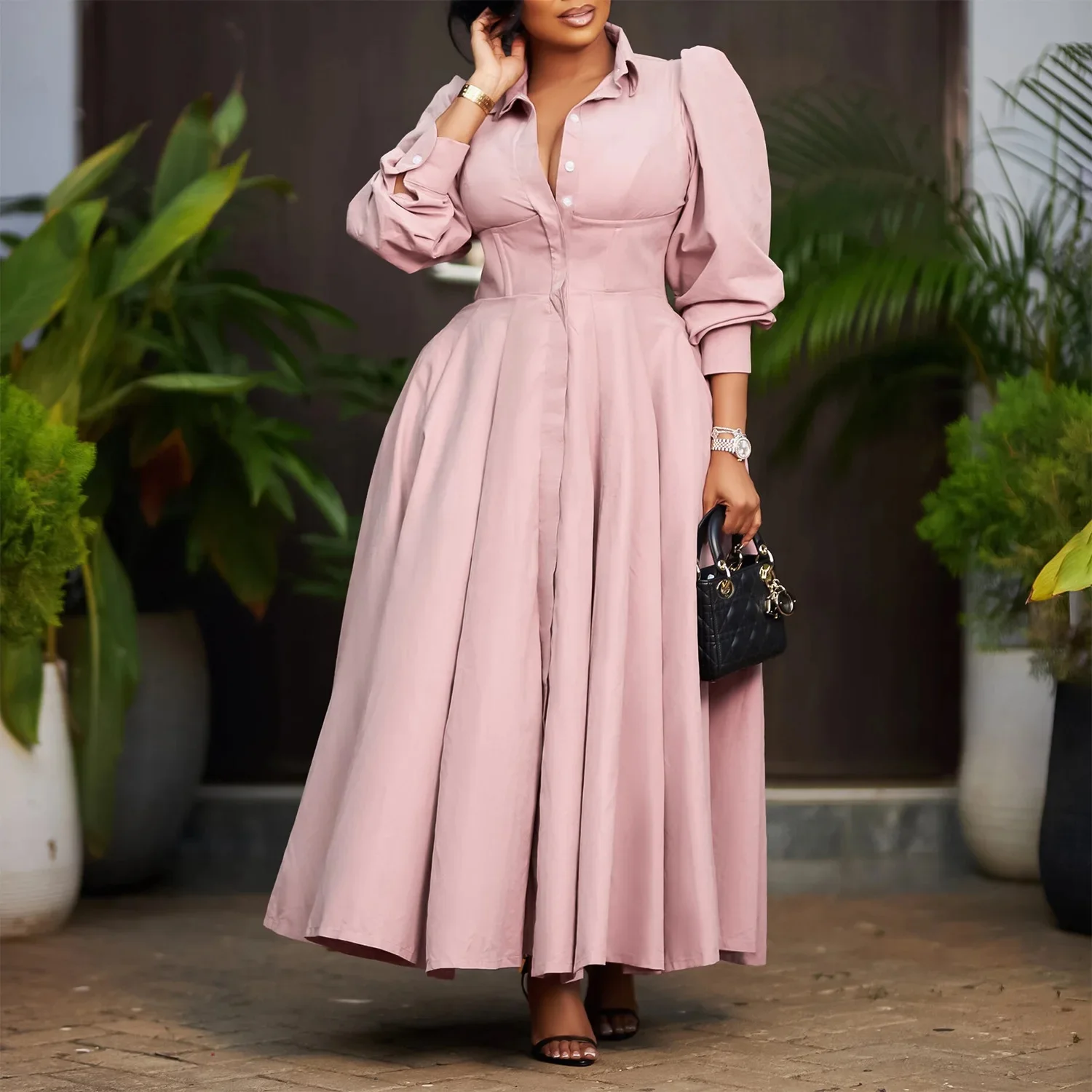 فستان ماكسي أنيق بأكمام طويلة مطبوع أفريقي للنساء،...