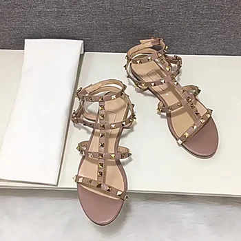 Women Fashion Gold Rivets Lock Studs Sandals Round Toe Real Soft Leather Sheepskin Shoes Flats In Purple Red Gold Wide Fits 35-4 1