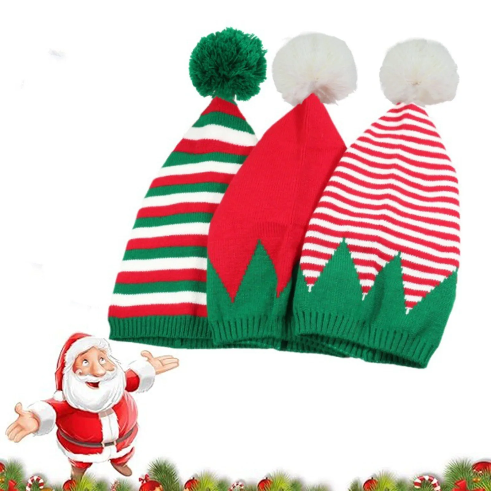 Christmas Elf Santa Beanie - Knitted Red Green Striped Hat