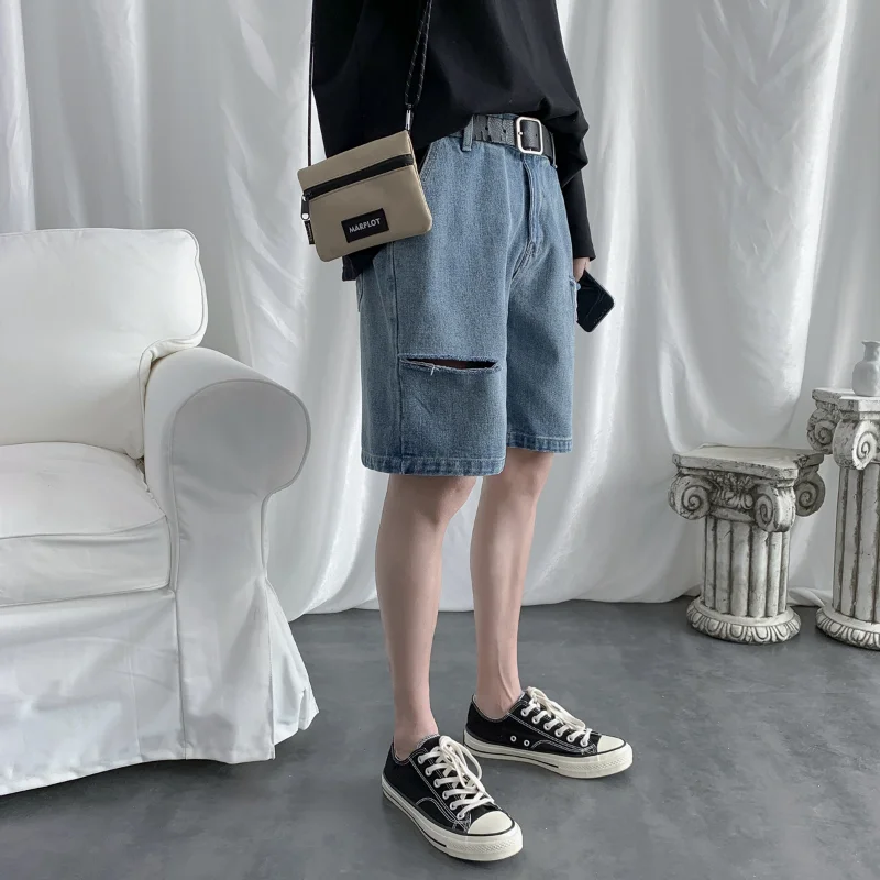 CUMUKKIYP Summer Men's Straight Denim Short Pants  Korean Fashion Casual Hole Baggy Youths Ripped Jeans Shorts