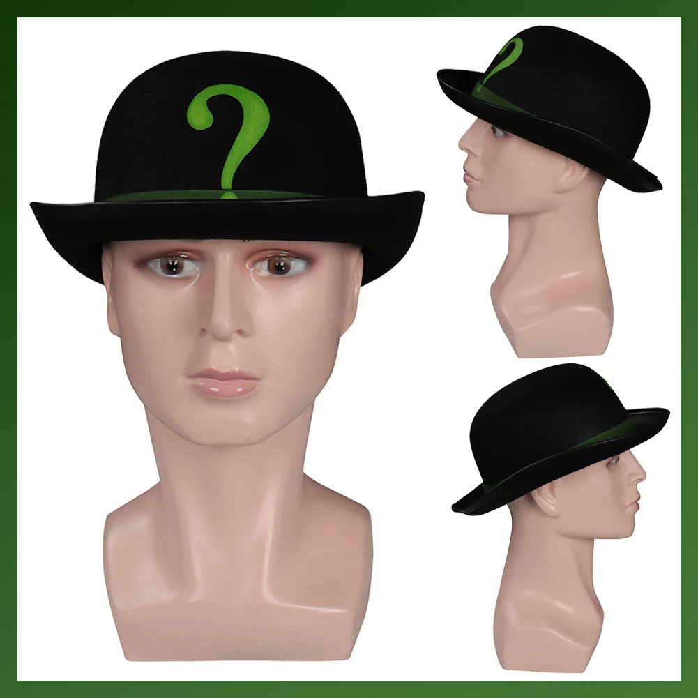 Movie Super Villain Cosplay Costume Accessories Disguise Riddler Hat Black Cap With Printed Men Fancy Dress Up Party Prop Gifts