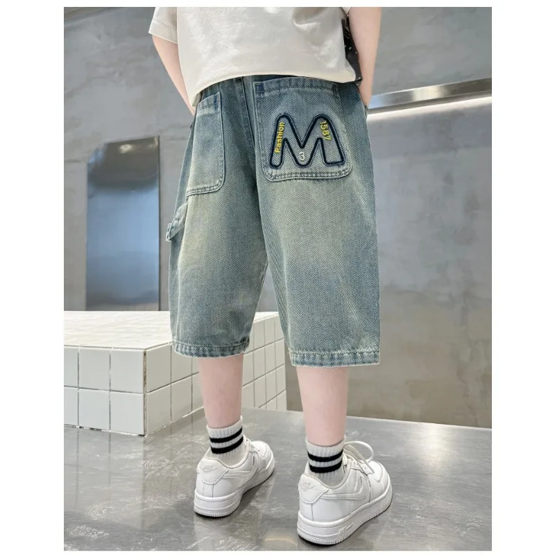 UNITIM 어린이 소년 데님 반바지 여름 얇은 그라데이션 주니어 소년 반바지 편지 주머니 4-14Yrs Handsome Boy Shorts Kids Shorts