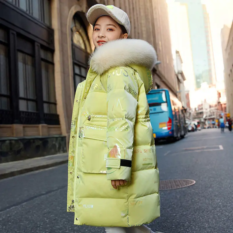 Down Jacket 5 6 8 10 12 14 Years Girls Down Jacket Winter Warm Long Style Parka Hooded Zipper Fur Collar Outerwear