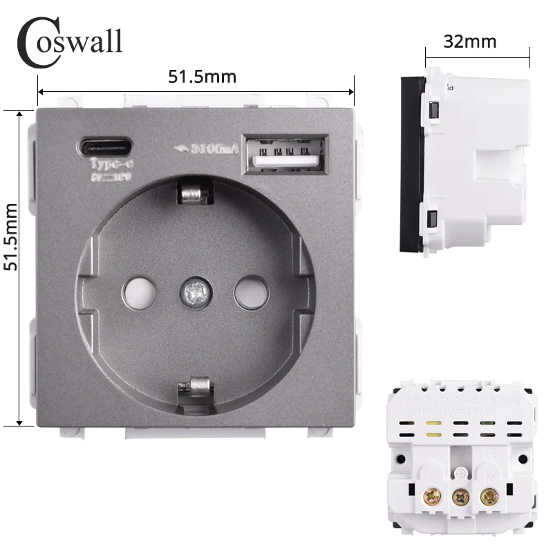 COSWALL 16A EU nástrčkový modul s PD 18W type-c & QC 3.0 type-a dvojí USB postit se nabíječka použít pro C1/E20/L1/X2/S08 řada zeď formulovat