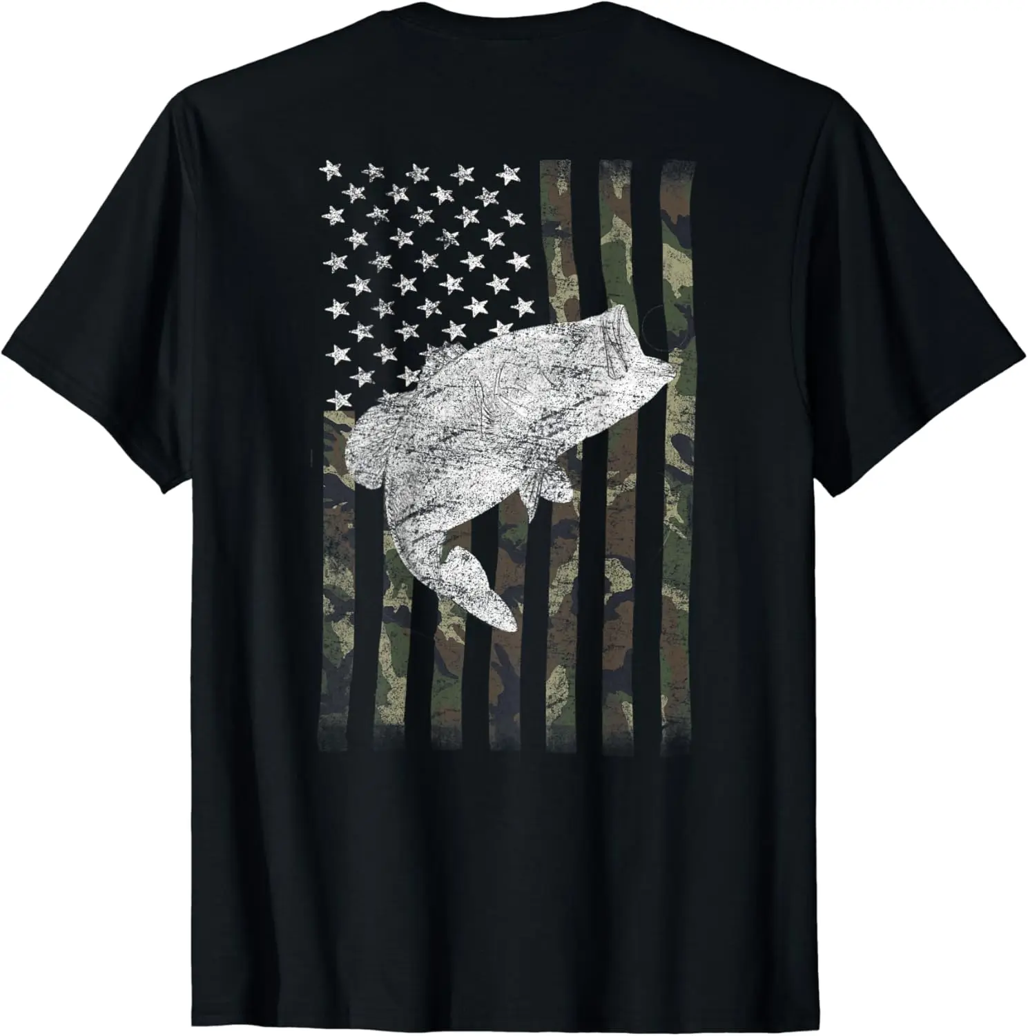 

Футболка с американским камуфляжным флагом США для ловли окуня (на спине)