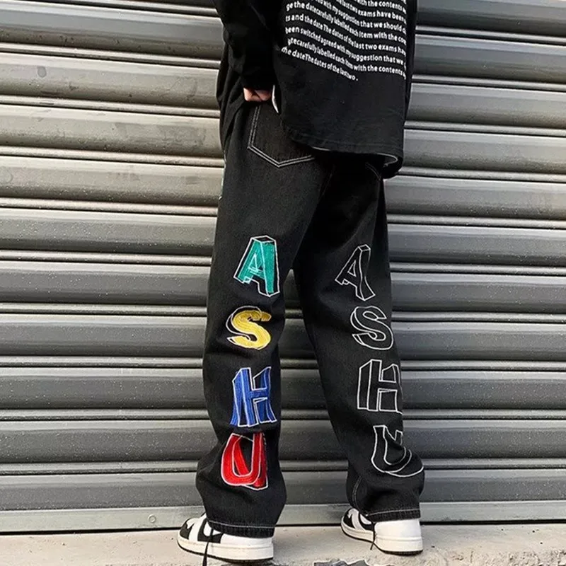 2022 Vibe Style Letter Embroidery Straight Men Wide Jeans Trousers Hip Hop Punk Male Y2K Casual Denim Pants Baggy Pantalon Homme