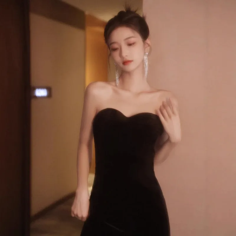 green emerald velvet dress A-Line Pearl Tube Top elegance Black Formal Dresses with Sweep Train – VOS  LEE