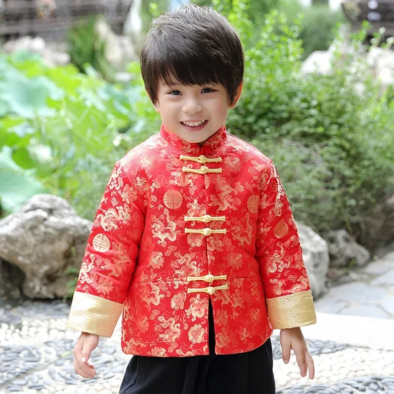 Chinese New Year Traditional Clothing for Kids Baby Boy Festival Retro Fancy Golden Dragon Tang Suit Printed Satin Top Pants Set