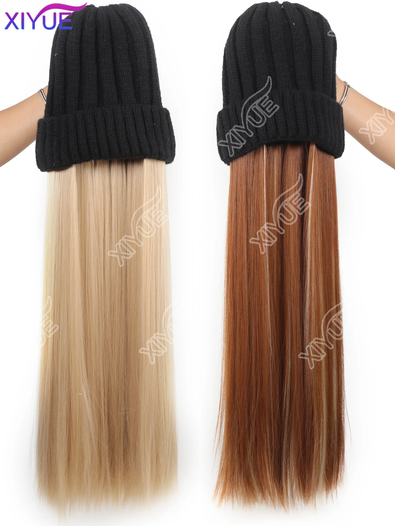 XIYUE Long Synthetic Straight Dark Brown Wigs with Hat Cap Adjustable Hair Wig with Hats for Ladies and Girls Daily Winter Wear