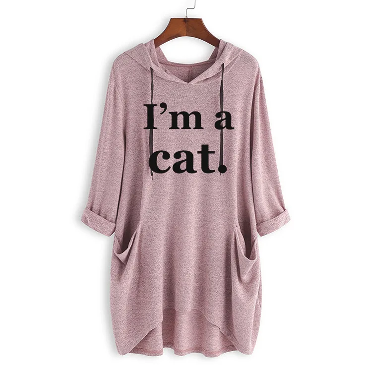 Women Long Sleeve Knit Hoodie Pullover Sweatshirt Loose Casual Top Irregular Hem