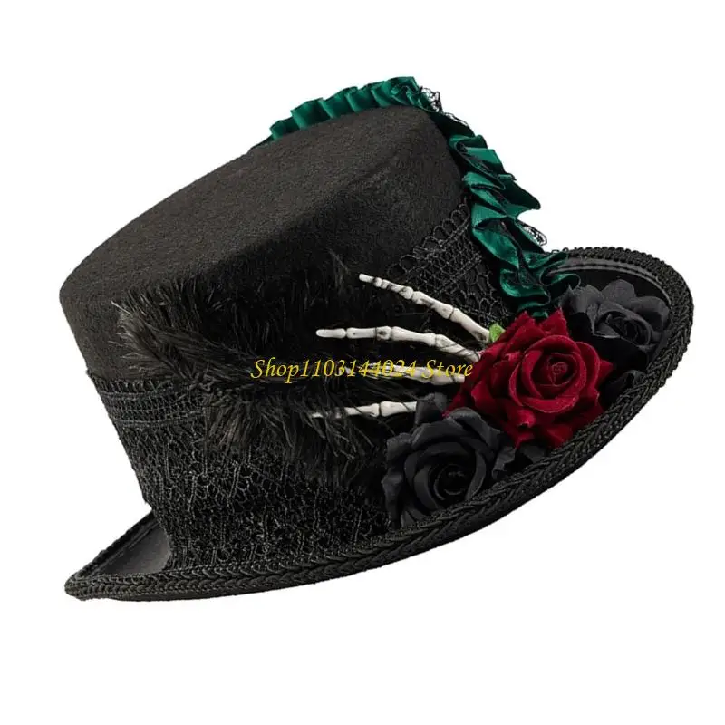 N5KE Victoria Wolle Top Verstellbarer Skeletthandhut mit Dark Series Rose Flower und Lace Detail für Frauen Musikfestival – Detail 7