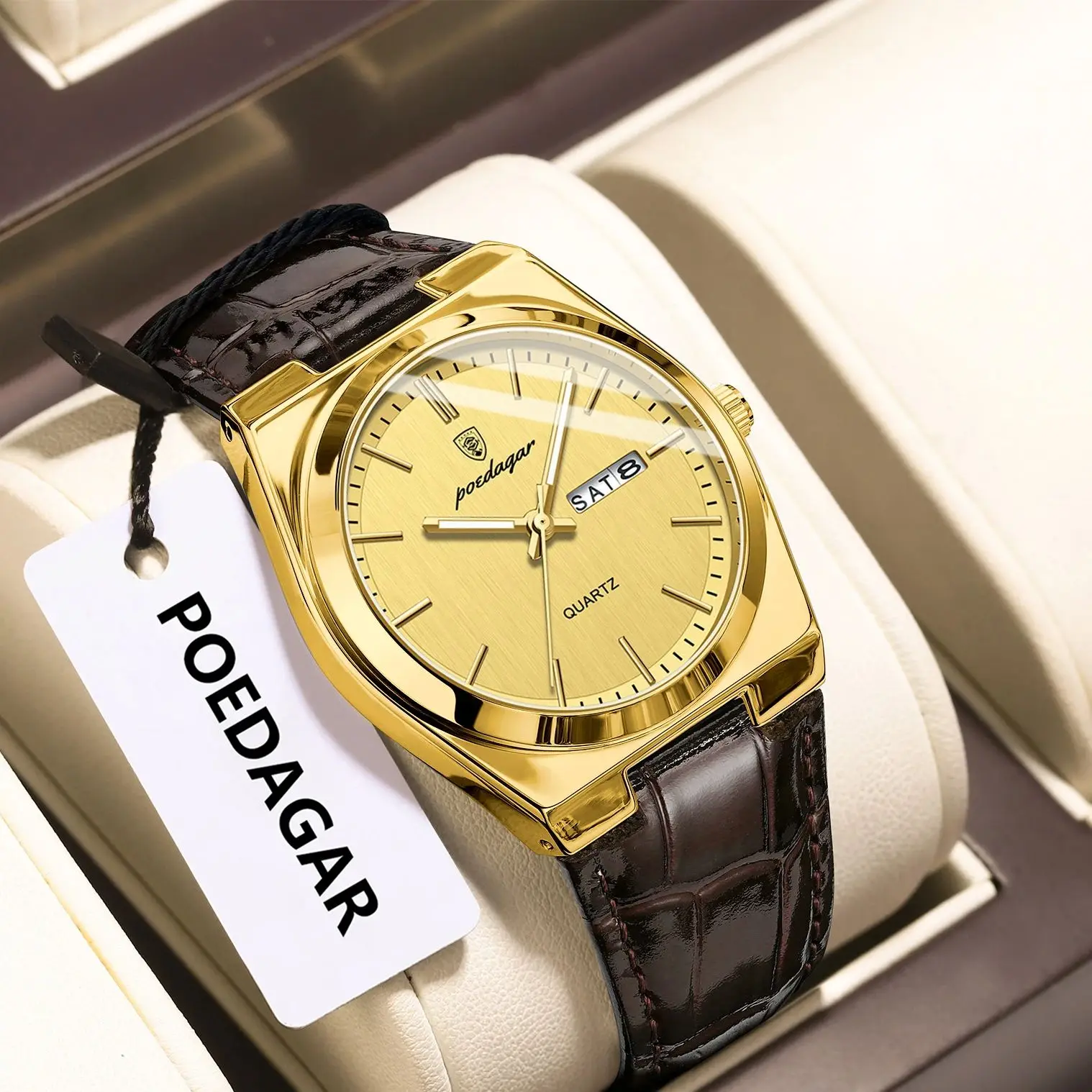 POEDAGAR Luxury Business Man Watch Waterproof Luminous Date Week Watches for Men Stainless Steel Quartz Fashion Men's Wristwatch