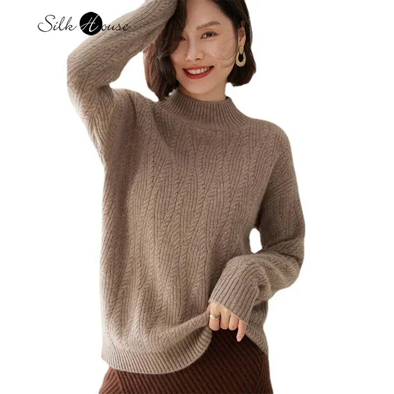 

2023 Women's Autumn/Winter New Cashmere Jacquard Seven Needle Double Strand Thickened Half High Neck Knitted Versatile Sweater