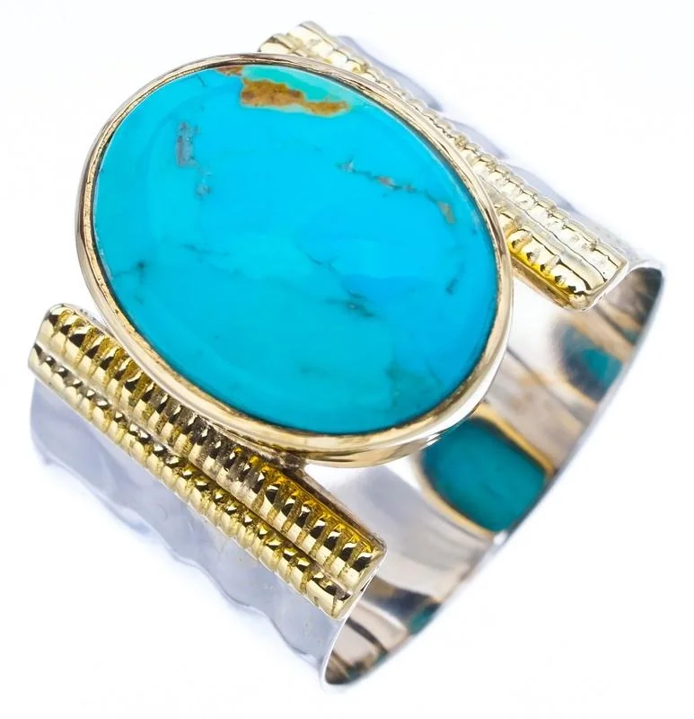 

StarGems Natural Turquoise Wide Band Two TonesHandmade 925 Sterling Silver Ring 9.5 F0440