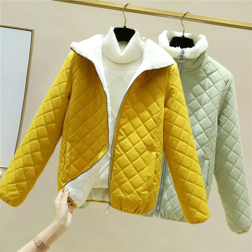 

Women Coat Rhombus Plaid Stand Collar Lady Coat Plush Lining Zipper Autumn Winter Lady Jacket Coat Clothing chaquetas куртки